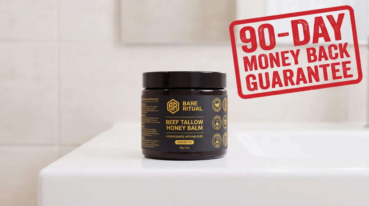 A jar of Bare Ritual with a 90-day money-back guarantee badge