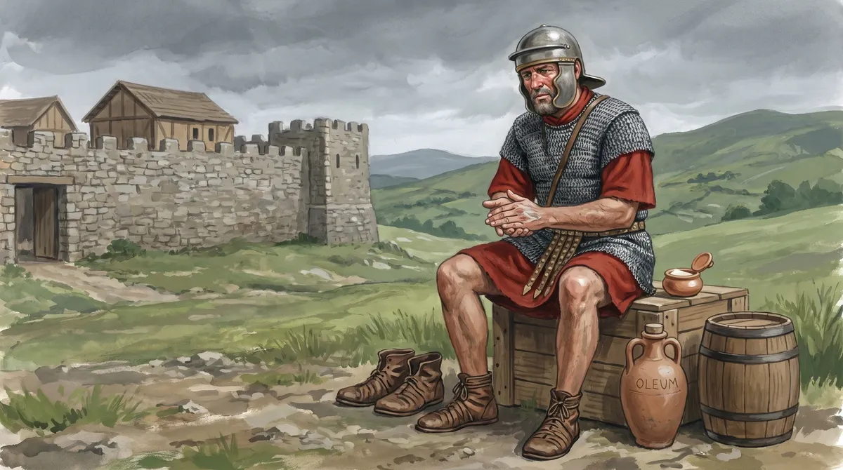 A Roman soldier resting on a stone wall beside leather boots and a barrel