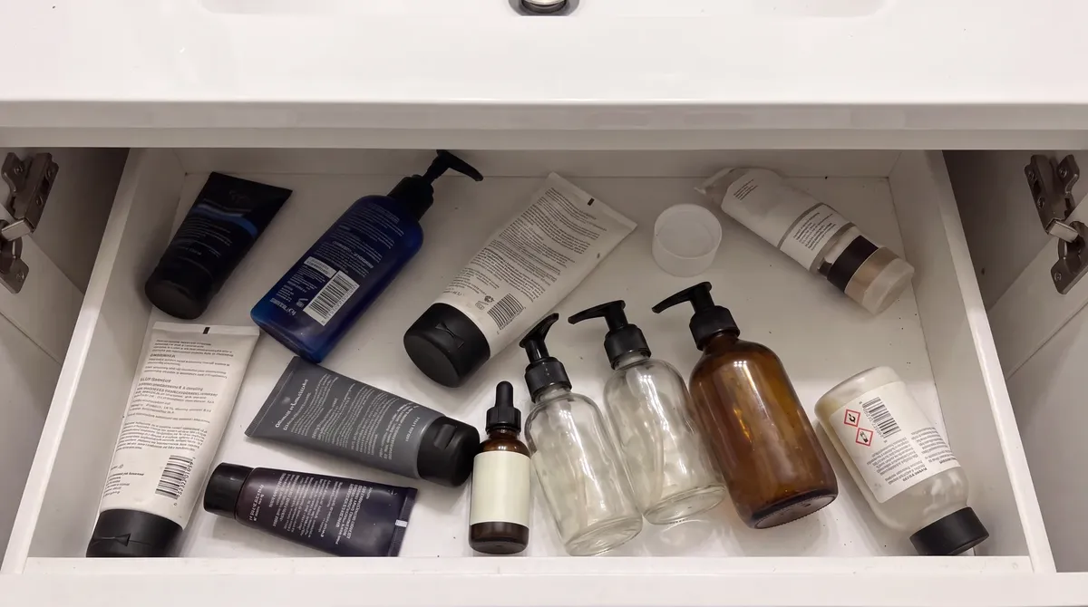 A bathroom drawer full of half-used skincare bottles