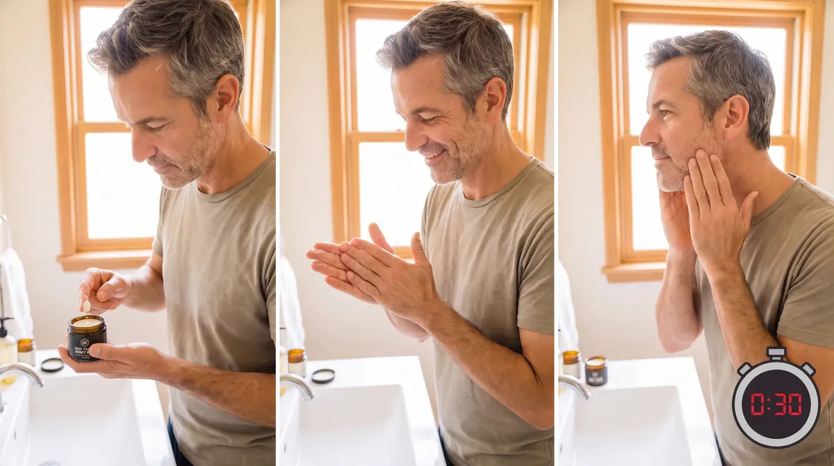 A man warming the balm between his hands and pressing it into his face in 30 seconds