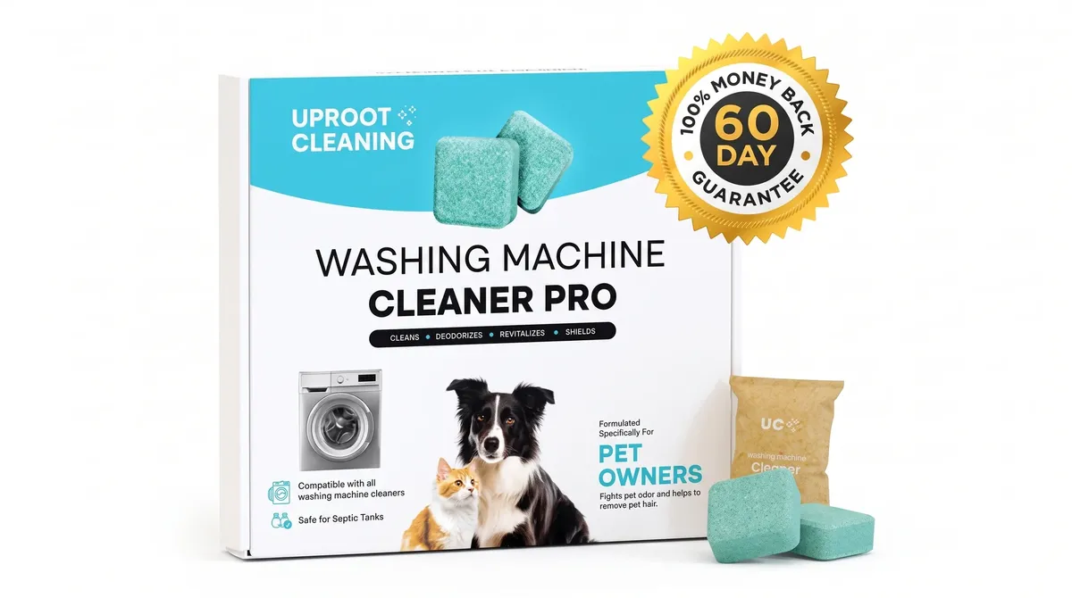 A box of Uproot Washing Machine Cleaner Pro with a 60-day money-back guarantee