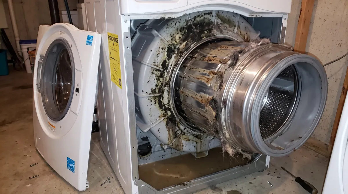 A washer taken apart, showing grime coating the outer drum