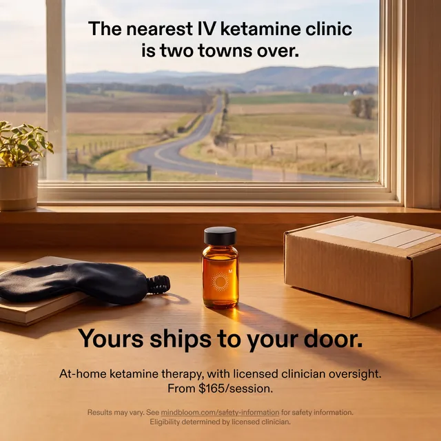 A window onto empty farmland: the nearest IV ketamine clinic is two towns over. Yours ships to your door.