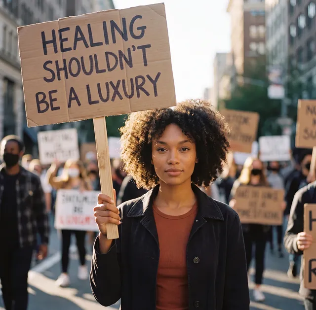 A woman at a march holding a sign: healing shouldn’t be a luxury