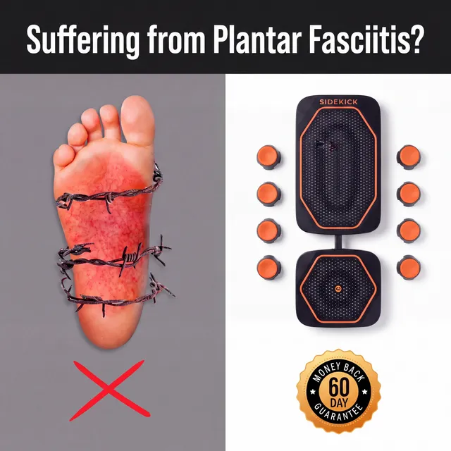 Suffering from plantar fasciitis? A foot wrapped in barbed wire next to the Sidekick device and a 60-day money-back guarantee